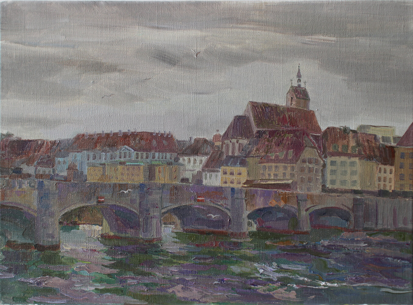 The Middle Bridge with dark clouds in Basel